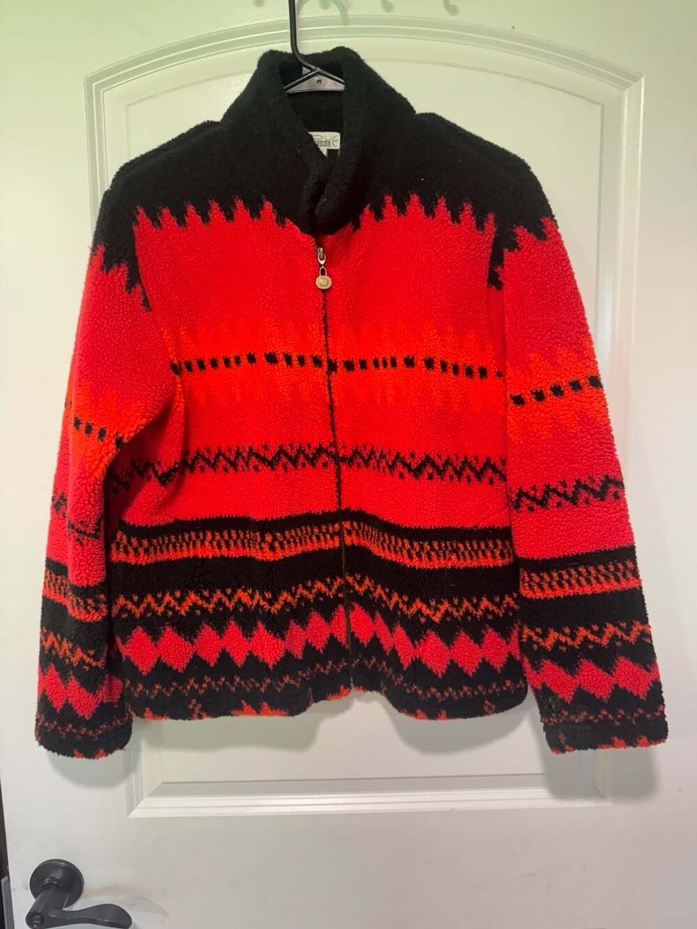 Vintage Red Black Southwestern Fair Isle Fleece Full Zip Jacket L